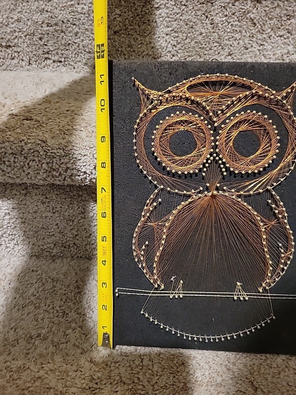 Vintage 1970s String Art Owl Wall Hanging Black Wood Plaque MCM Decor gallery