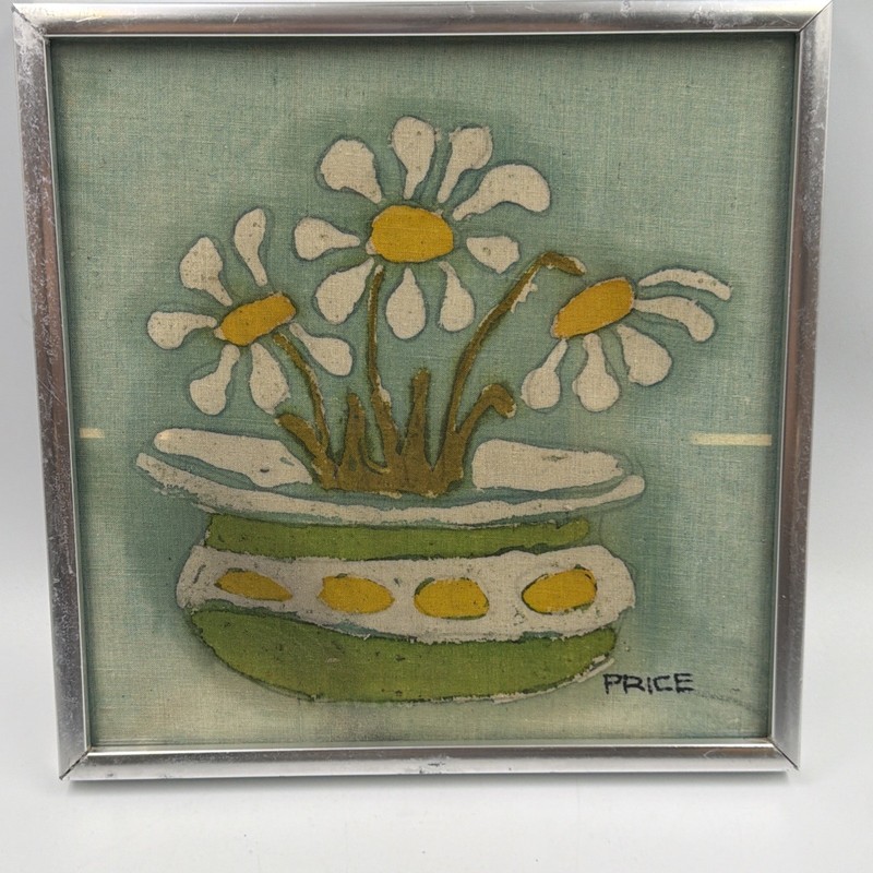 Vintage Original Batik Art Painting On Fabric Framed Daisey Flowers In A Pot OOK gallery