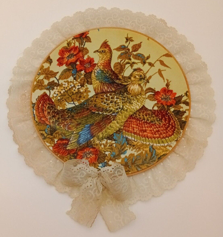 OOAK Vintage 3D Stuffed Puffy Fabric Grouse Quail Floral 14″ Hoop Wall Hanging
