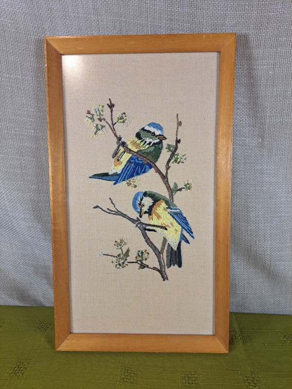 Vintage Embroidered Picture – Blue Tit Bird Sampler – Hand Embroidered 15” X 8”