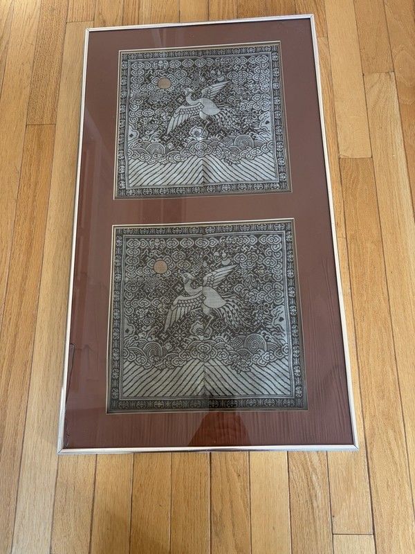 Qing Framed Textile Tapestry Art Set Birds Nature Sun Asian-Inspired Embroidery