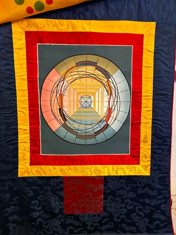 Hand-Painted Tibetan Thangka Modern Mandala | Silk Brocade Wall Hanging