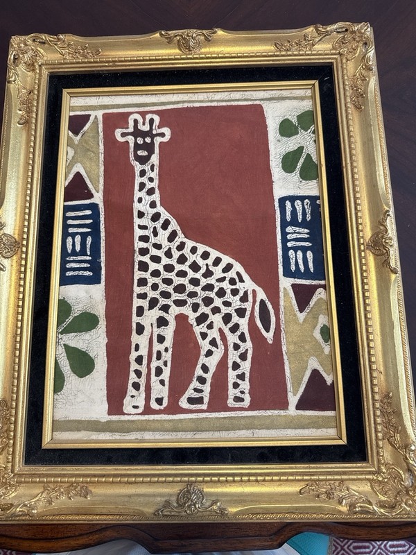 Vintage Mexican Folk Art Giraffe Painting Gold Frame Safari Boho Wall Art 24×18