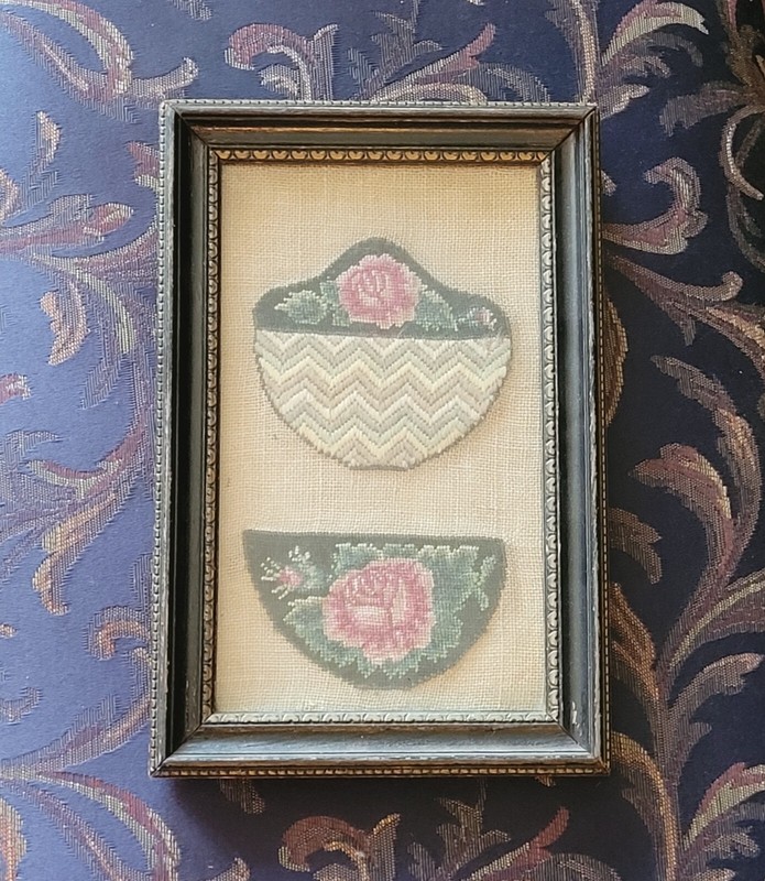Antique Rose Hand Embroidered Needlepoint Framed Wall Art Frame 11-3/4″ x 7-3/4″