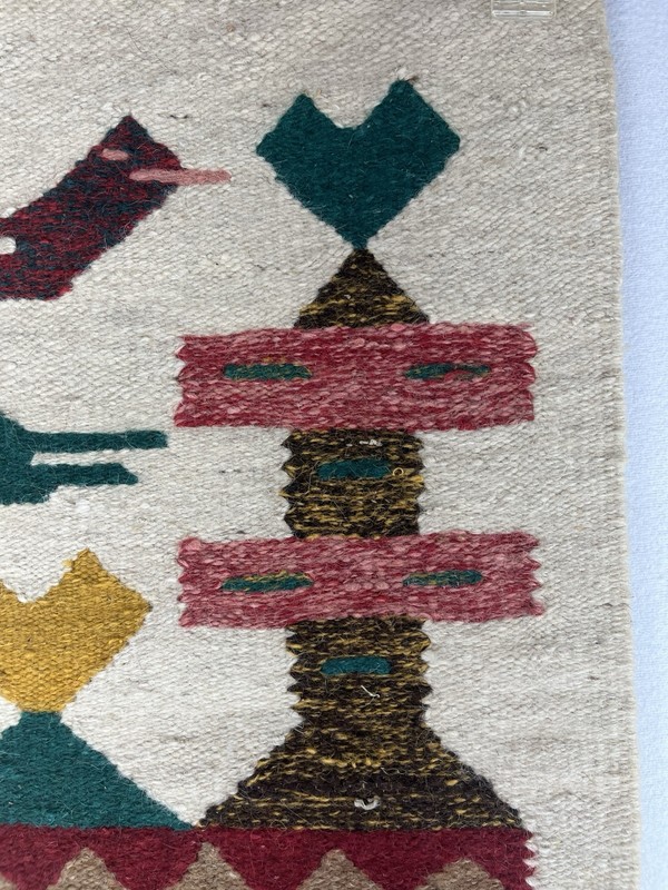 VTG Fiber Art Native Wall Hanging Rough Woven Jute 26" x 15" House & Birds gallery