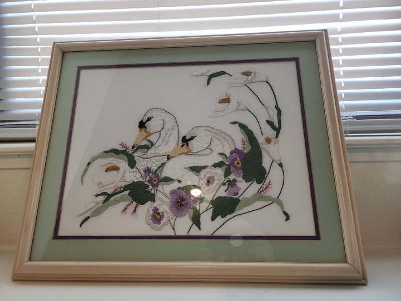 embroidery art swans floral framed