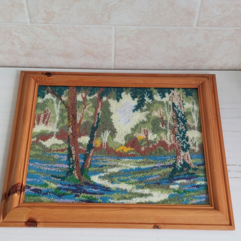 Woodland Forest Punch Needle? Picture Framed Tapestry Landscape 43x35cm WEAR