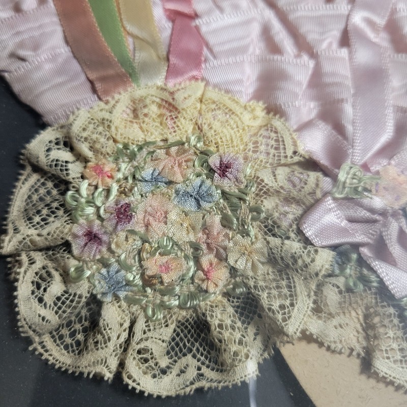 Antique Art Framed Fabric Woman Lady Bonnet Dress Flowers Bouquet Victorian gallery