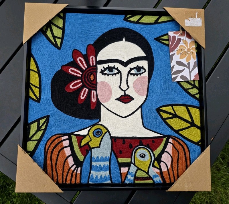 New BP Modern Textile Embroidered Woven Wall Art Decor Lady 17” × 17″ Framed