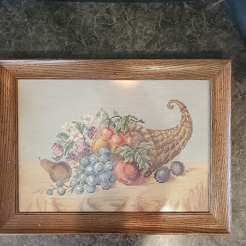 Antique dark wood frame Needle point cornecopia handmade Kitschy Eclectic 18x12" gallery