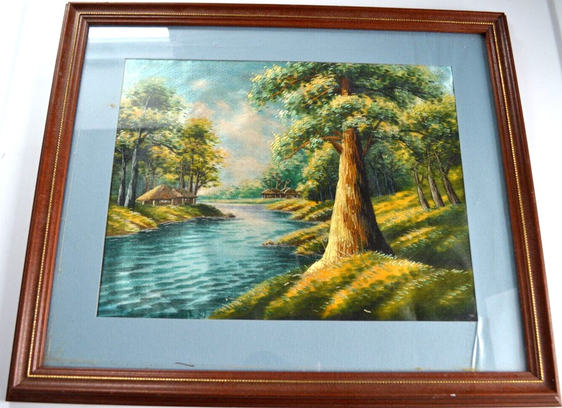 Woven Silk Framed Picture of Log Cabin Nature Scene of Wildlife 19"X16"