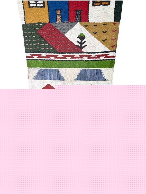 Vintage Peruvian Hand Woven Wool Village Scene Wall Hanging Folk Art 25×118”
