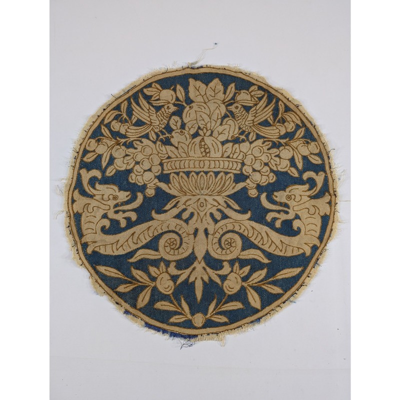 Antique Assasi Italian Floral Bird Embroidered Textile Panel 48x47cm