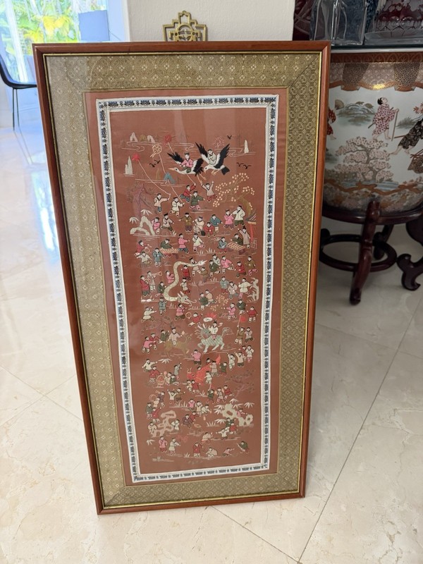 Framed Embroidered Silk Tapestry Children Birds Dragon People Nature Art gallery