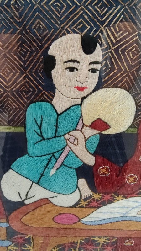 Large Vietnamese Embroidered Silk Archaic School Teacher Students Artwork Plaque gallery