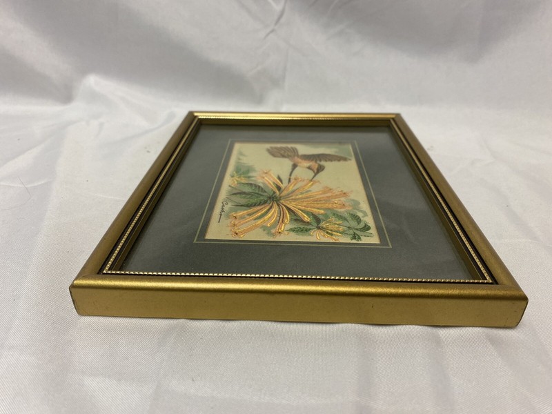Vintage J&J Gold Wood Framed Cash Hummingbird Woven Jacquard Loom Wall Art gallery
