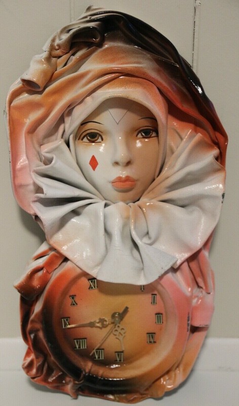 Paper Mache Mime/Clown Clock Brown Peach Pink White Signed & Numbered Art