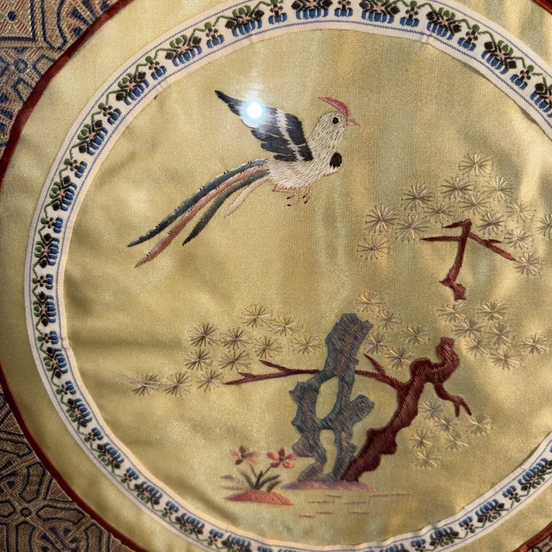 Vtg Chinese Silk Hand Embroidered Wall Hanging Bird Floral Tree Round Frame 14.5 gallery
