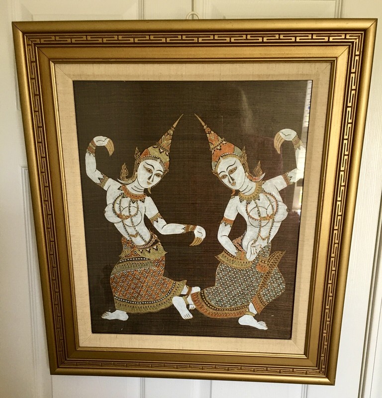 Antique Temple Kinnara Thai Dancing Couple On SILK Print 23x26” Framed & Matted gallery