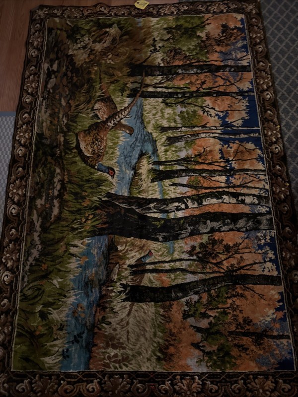 Vintage Italian Pheasant Forest Scene Tapestry Wall Hanging 49x72 Made in Italy gallery