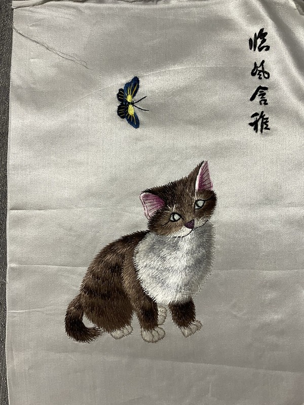 Satin floss on silk kitten and Butterfly hand embroidered piece