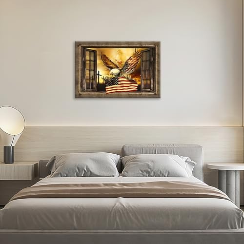 American Flag with Bald Eagle Wall Art Retro View of 16L" x 24W" window eagle gallery