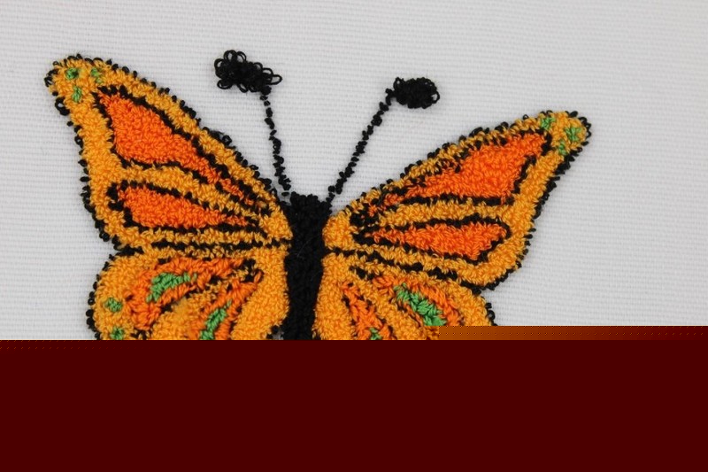 3.25″FINISHED PUNCH ART MONARCH BUTTERFLY~ORANGE~HAND EMBROIDERED~7.5X6″FABRIC