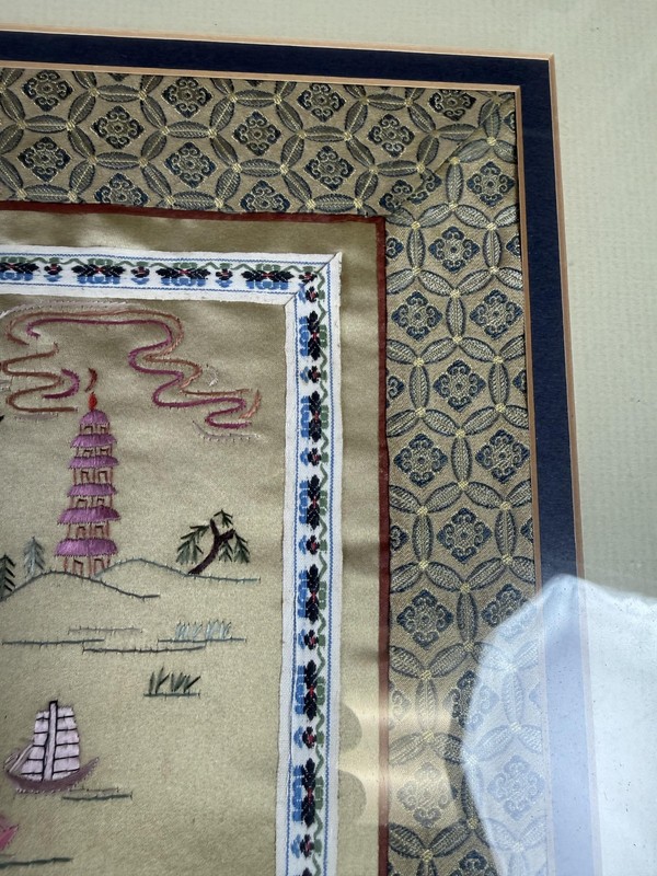 Chinese Silk Embroidery Pagoda Sailboat Landscape Tapestry Framed 19x24 Wall Art gallery