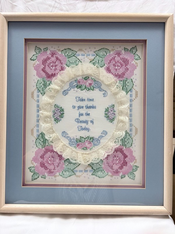 Large 3D Needlework Art with Ruffle and Matted frame.