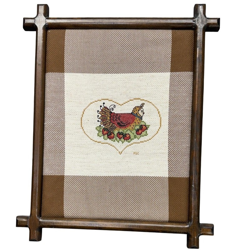 Country Chicken Heart Cross Stitch Framed Wall Art Rustic Farmhouse Cottagecore