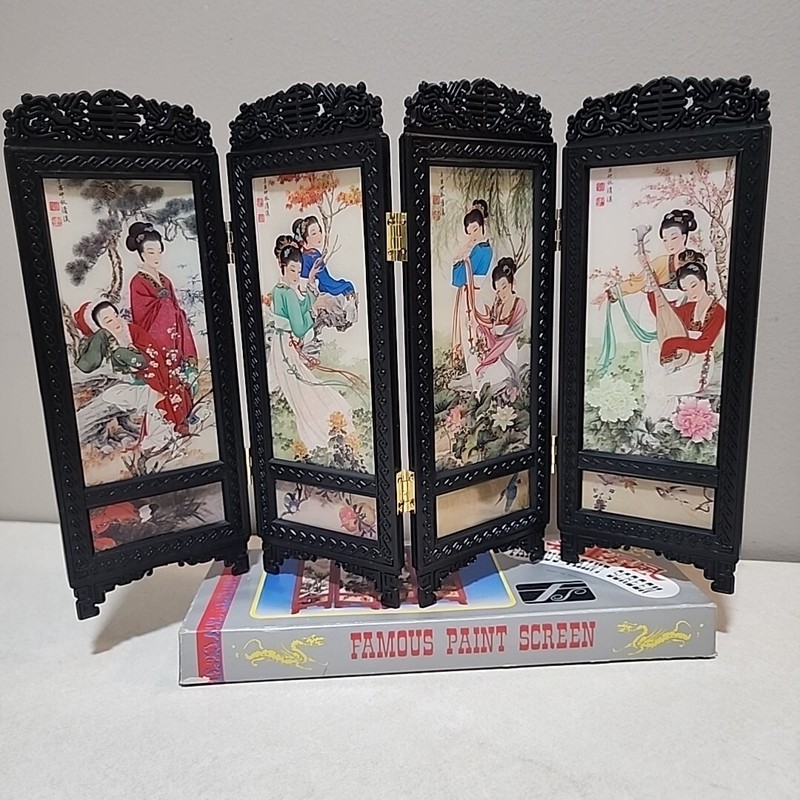 VTG Geisha Girls 4 Panel Folding Screen Chinese Oriental Vanity Table Art 6″