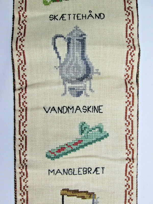 Vintage 1966 Danish Cross Stitch with Brass Ends Folkart Wall Hanging 45½ x 5¾ gallery