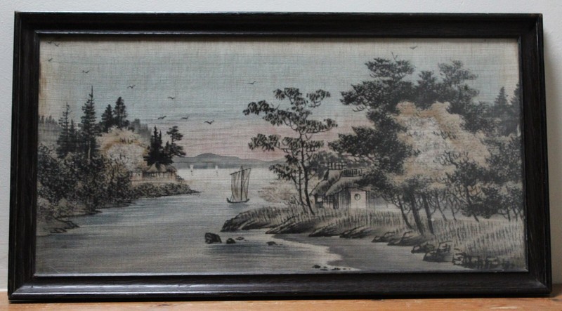 Vintage / Antique Framed Japanese Meiji Ink On Brushed Silk