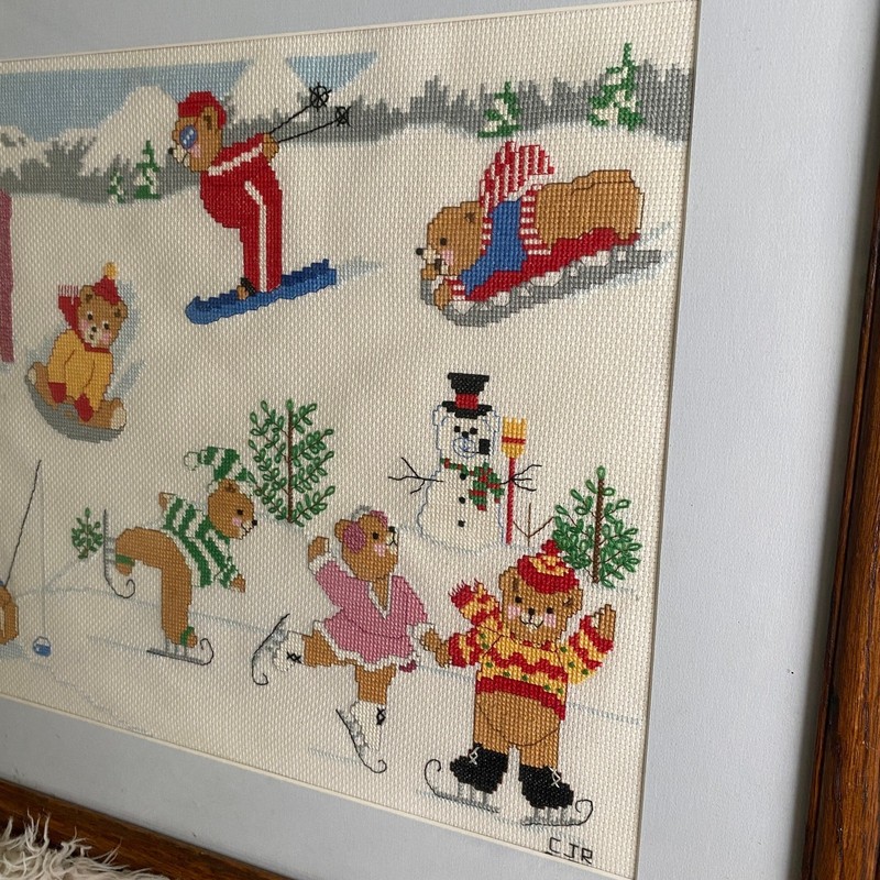 Vintage 1980s Cross Stitch Teddy Bear Christmas Winter Scene Framed Art gallery