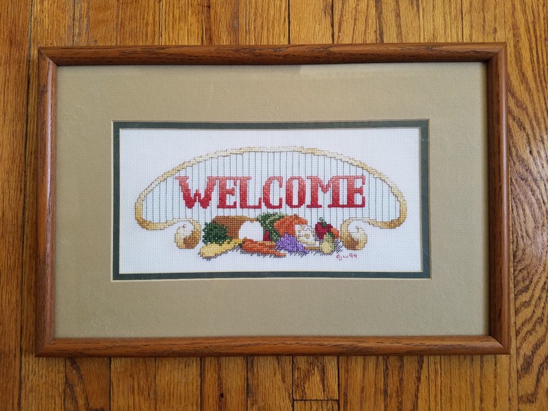 1994 WELCOME Needlepoint BREAD + VEGETABLES Custom Framed 10″x16″ KITCHEN DECOR