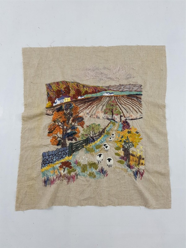 Vintage French Rowandean Embroidered Textile Panel 83x73cm