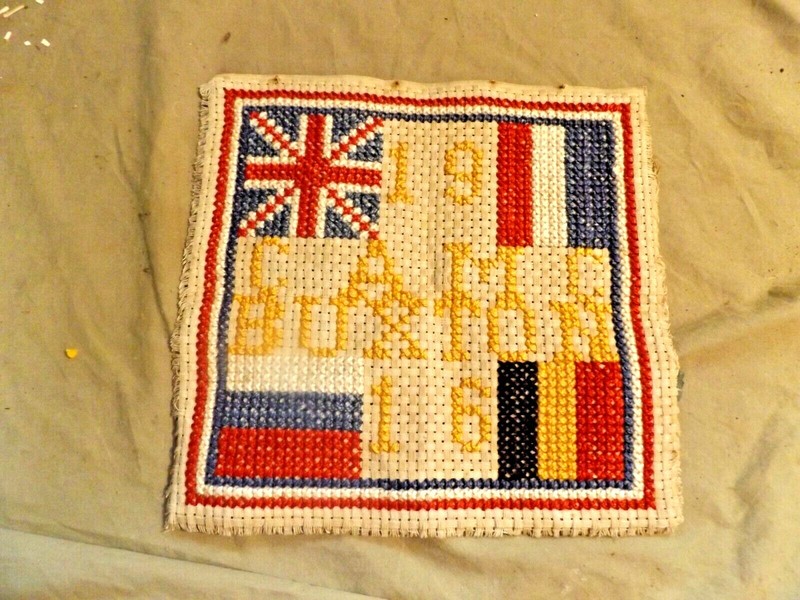 WWI Antique 1916 Folk Art Textile Trivet CAMC BUXTON Canada Cross Stitch Flags