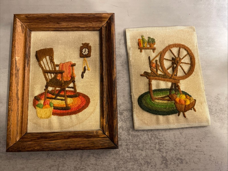 2 Vintage Jiffy Dimensional Crewel Rocking Chair & Spindle 70s Colors 5×7”
