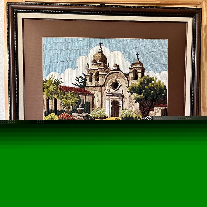 Crewel Needlework Mission San Carlos 1986 Finished Wood Framed. Stunning details