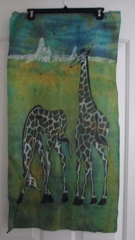 Giraffes Art Hand Painted Fabric 33″ X 16 1/2″ Large Cloth Wall Textile Giraffe