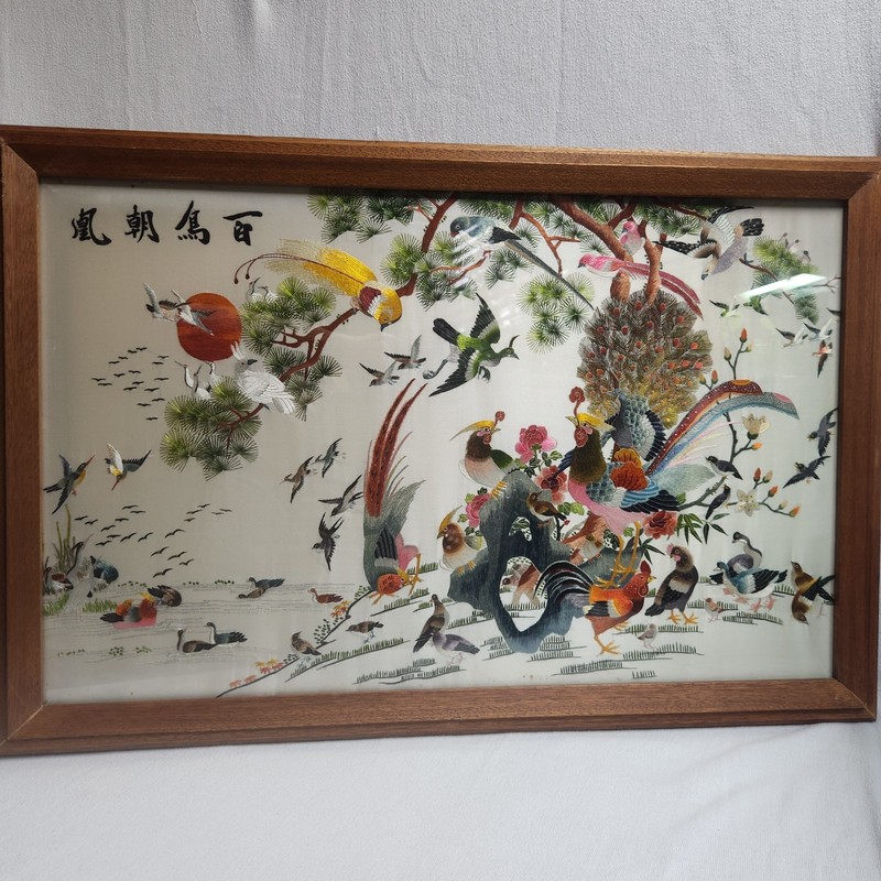 Antique Chinese Silk Hand Embroidery Art Framed One Hundred Birds