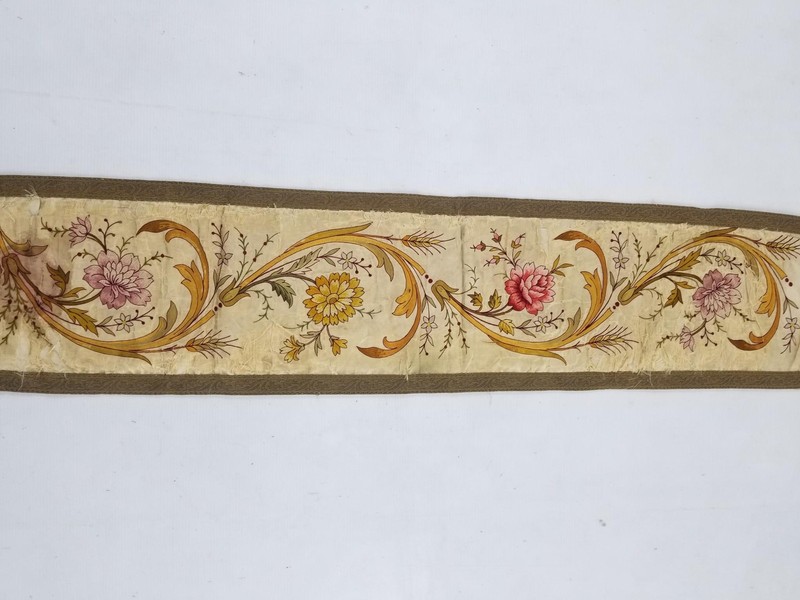 Antique French Hand Embroidered Floral Panel with Metallic Lace 118x26cm gallery