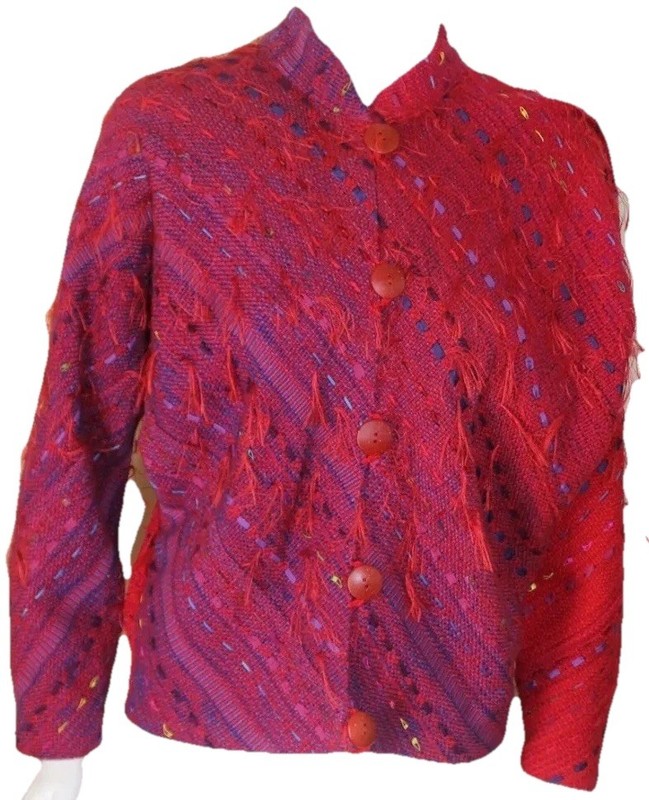 B Jane Doub Sz S M Rich Red Purple Hand-Woven Fiber Art-to-Wear Coat Jacket