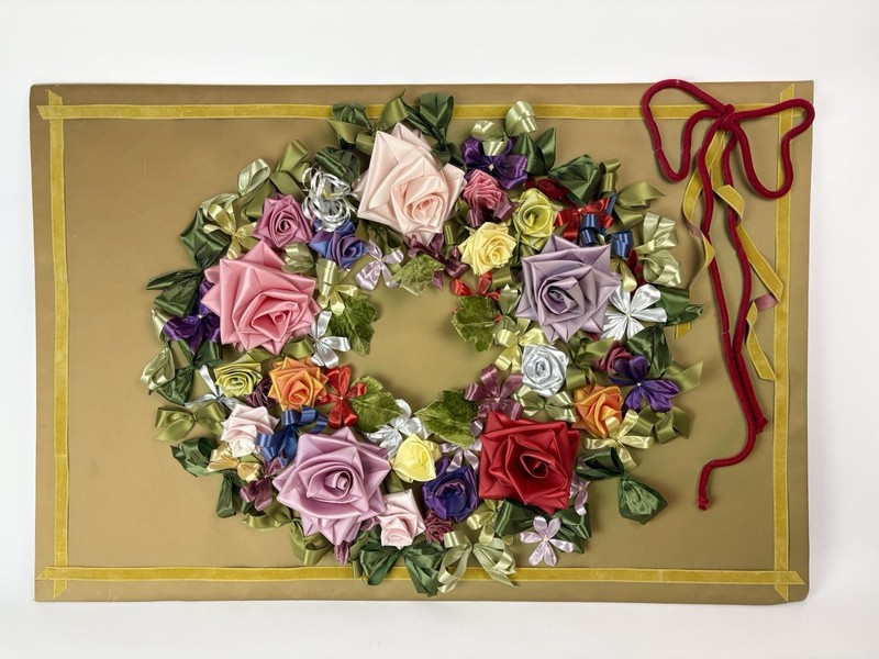 Large Vtg Satin Handmade Ribbon Flower Rose Wreath Display Wall Art Velvet