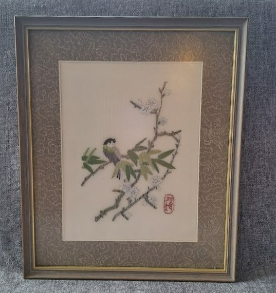 Hand Embroidered Asian Artwork Framed Bird & Blossom Textile Art 36x30cm