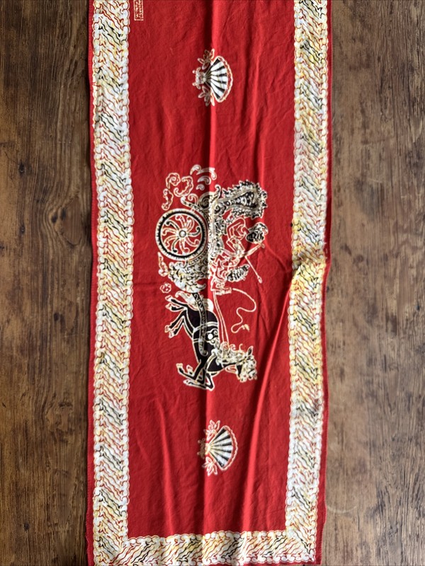 Batik Fabric Ethnic Art 43” X 16.5” Horse Chariot Fan Orange Red Hello Black