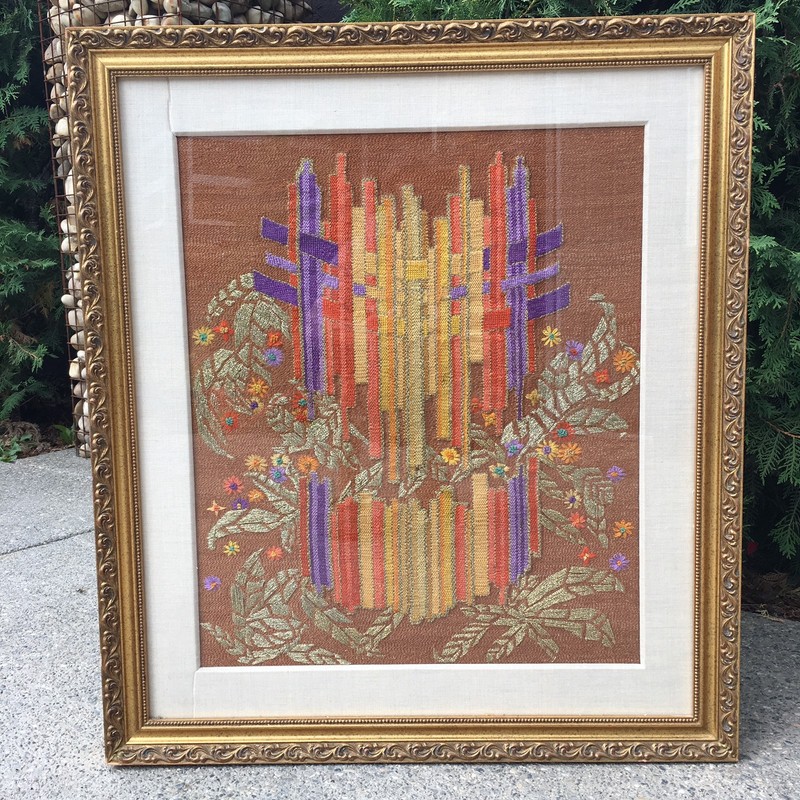 Large 32″ Golden Framed Wall Crosses Floral Needlepoint Art Embroidery Vintage