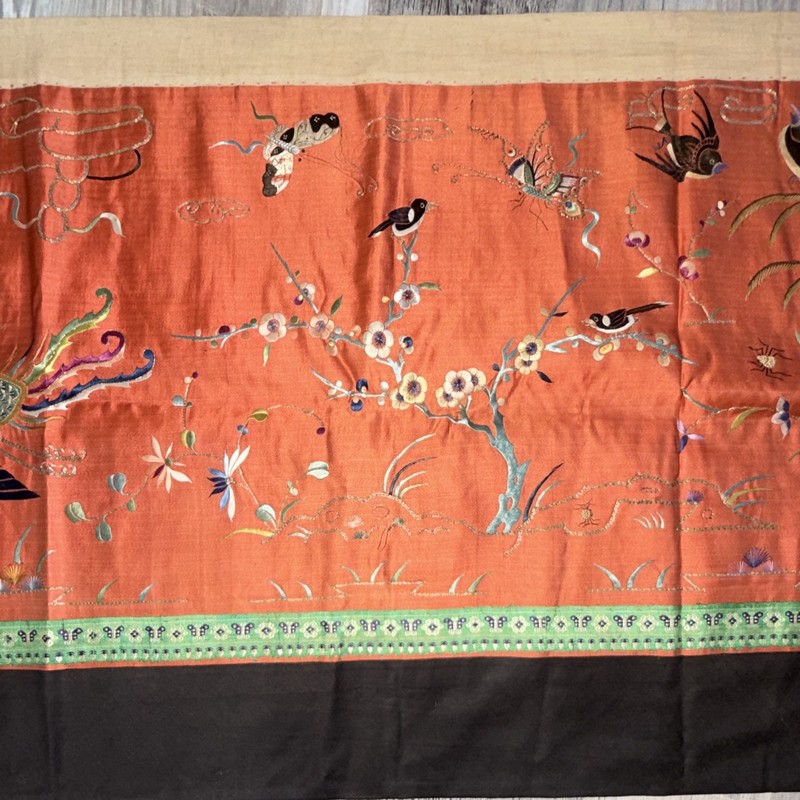Handmade Embroidered Silk Asian Tapestry Panel - Birds Butterflies Women Large gallery