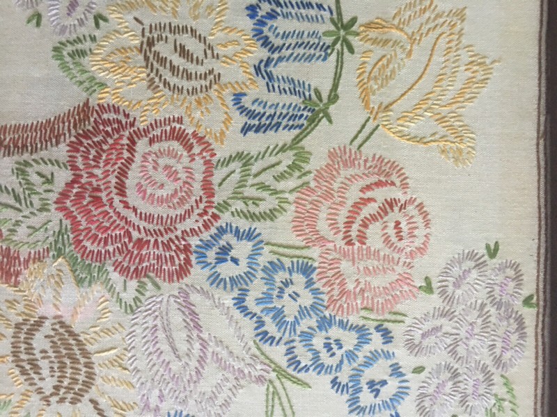 Vintage Hand Embroidered Framed Floral Garden Bouquet**21" x 17"**Beautiful gallery