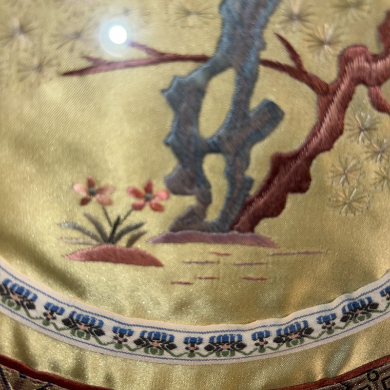 Vtg Chinese Silk Hand Embroidered Wall Hanging Bird Floral Tree Round Frame 14.5 gallery